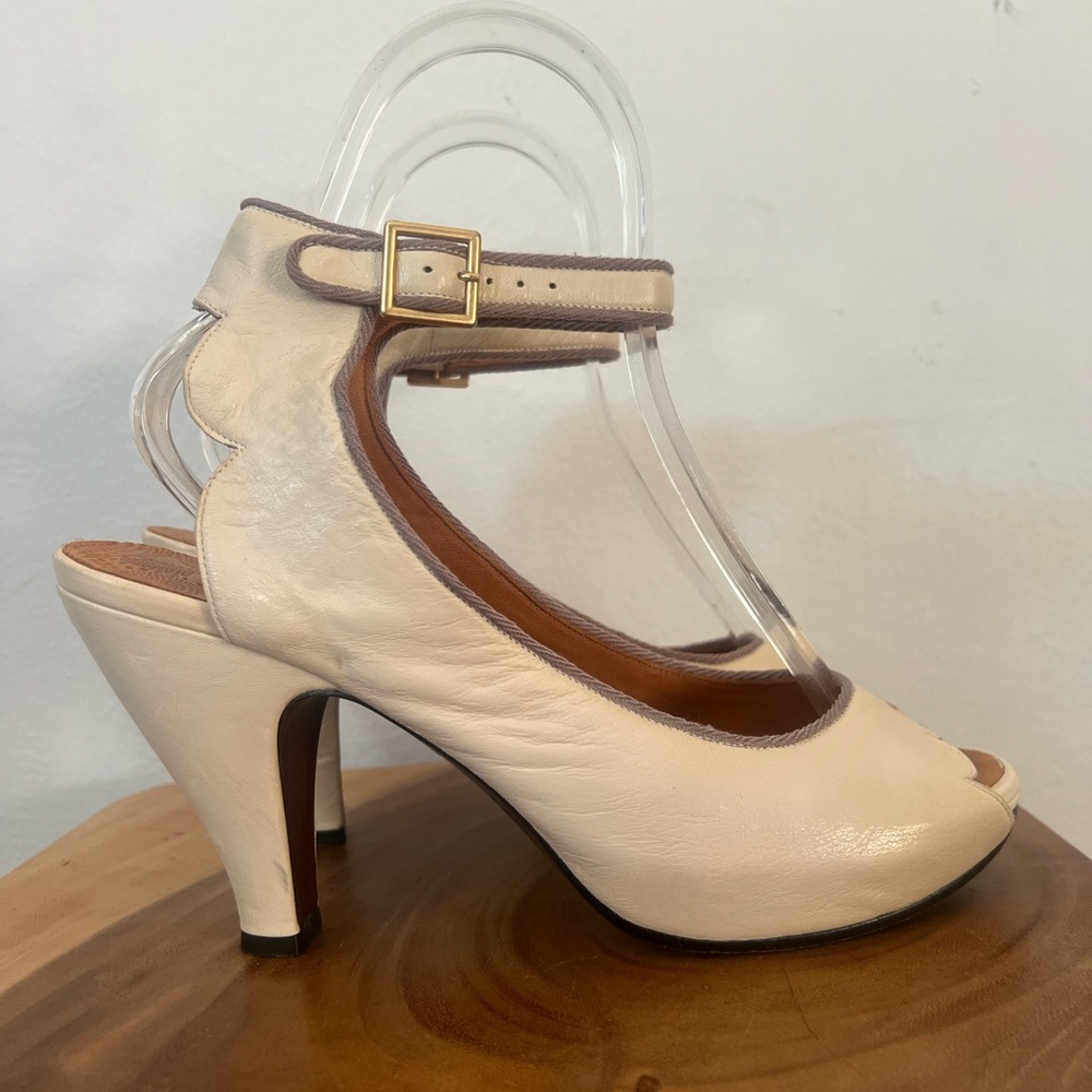 CHIE MIHARA “Bessy” Ivory Cream Platform Ankle Strap Peep Toe High Heels 38.5 - Picture 15 of 16